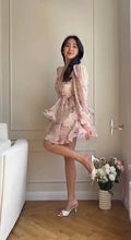 Elegant Printed Mini Dresses Women Chic Waist-cinching V-neck Puff Long Sleeve Aline Dress Fashion New Holiday Robes Summer 2026