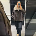Fashion Faux Fur Collar Middle Long Jackets Women Solid Full Sleece Button Zipper Coats 2025 Lady Chic Casual Winter Outerwear