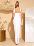 Women'S Luxury Pearl Bead Tight Bandage Long Dress Sexy Square Neck Sleeveless Elegant Evening Wedding Banquet Party Gown