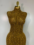Sparkly Gold Rhinestone Sleeveless Stretch Long Dress Women Sexy Mesh Celebrate Evening Prom Birthday Dress Photo Shoot Wear