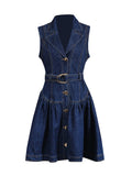 2026 New Blue Sleeveless Women Single-Breasted Belt Short Denim Dresses Woman Retro Slim A Line Mini Dress
