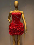 Luxury Sexy Rhinestone Strapless Prom Dress 3D Flower Off Shoulder Backless Bodycon Bandage Mini Wedding Guest Cocktail Gowns