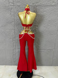 Luxurious Red Two Piece Set Women Sexy Halter Neck Crystal Cutout Crop Top Flare Pants Outfit Stage Performance Costume