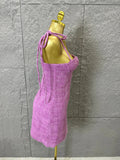 High Quality Women Sexy Strap Purple Cotton Bodycon Mini Dress Diamond Chain Fashion Celebrate Cute Birthday Dress