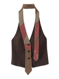 Dark Brown Halter Top with Patterned Tie Detail Female Retro Chic Sleeveless Slimming Vest for Luxury Afternoon Tea