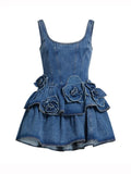 3D Flower Double-layer Denim Slip Short Dress Women Fashion Sleeveless High Waist Mini Dresses Chic Lady Party Robe