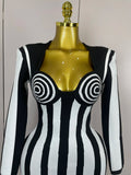 Luxury Sexy Long Sleeve Stripe Black White Mini Bandage Dress Women Knitted Celebrity Elegant Evening Club Birthday Dresses