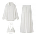Solid Three Piece Set for Women Lapel Long Sleeve Loose T Shirts Halter Vest High Waist Pant Sets Female