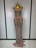 Women Lxury Diamonds Mesh See Through Long Dress Celebrity Elegant Evening Party Fancy Club Dress Singer Performance Costume