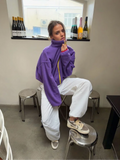 Casual Purple Fleece Jacket Womens Stand Collar Contrast Zip Loose Fit Pockets Coat Fall Winter Sporty Outdoor Streetwear Wear