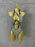 Gold Luxurious Black Bodysuit Women Sexy Halter Neck Iridescent Crystal Embellished Cutout Outfit Stage Performance Costume