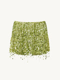 Women's Lime Green Sequined skirts Set 2 pieces sexy Spaghetti Strap Crop Top Mini Skirt with Tassel Lady Party Outfits