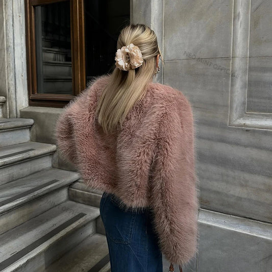 Winter Sweet Pink Cropped Faux Fur Coat Women Streetwear Ins Chic Girls Fluffy Fox Fur Jacket Female