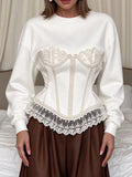 Romantic Lace Women T Shirts Round Neck Long Sleeve Elegant Fitted T Shirt for Meet Casual Street Wear Fashion New