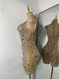 Sparkly Colorful Diamond Sexy Black Sheer See Through Dress Girls Mini Short Prom Dress Birthday Party Club Performance Dress