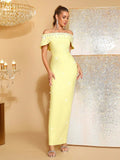 Women Sexy Off the Shoulder Pearl Bead Diamond Bodycon Long Bandage Dress Nightclub Party Evening Birthday Celebrate Wear