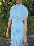 Patchwork Shawl Bodycon Party Maxi Dresses for Women O Neck Short Sleeve High Waist Evening Temperament Folds Dress Female