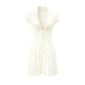 Women Solid Polka Dot Mini Dress Deep V Neck Puff Sleeve Pleated Front Button A-line Short Dresses Elegant Party 2026 Lady Gown