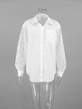 Office Spliced Back Sheer Hollow Blouse for Women Lapel Long Sleeve Patchwork Single Breasted Shirt Female 2026 New