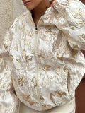 Elegant Jacquard Women Jackets Stand Collar Long Sleeve Basics Loose Jacket for Casual Commute Autumn Fashion New