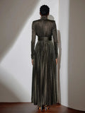 Solid Spliced Belt Slim Pleated Dresses For Women Turtleneck Long Sleeve High Waist Temperament Long Dress Female Clothes