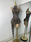 Sparkly Rhinestone Shining Women Sexy Bodycon See Through Irregular Hem Mini Dress Birthday Party Performance Costume