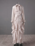 Solid Spliced Ruffles Folds Long Elegant Dresses for Women Lace Up Stand Neck Long Sleevs Tunic Temperament Dress Female