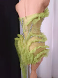 Sparkly Green Diamonds Sexy Mesh Asymmetric Bodycon Mini Dress Celebrate Eveing Birthday Party Nightclub Red Carpet Stage Wear
