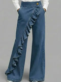 American Style Loose Irregular Splicing High Waisted A-line Wide Leg Jeans For Women Autumn
