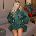 New Women's Skirt Two Piece Set Chiffon Bow Tie Top High Waisted Drawstring Mini Dress Suit Ladies Sexy See Through