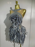 Women Eveing Birthday Prom Sparkly Diamond 3D Acrylic Leaf Mesh Transparent Mini Dress Luxury Party Nightclub Bar Stage Costume