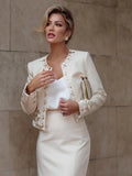 New Arrival Elegant Lady 2 Piece Skirt Set Bead Crystal Suit Long Sleeve Jacket Slim Split Midi Skirt Women 2 Pcs Outfit