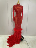 New Sexy Sparkling Red Crystals Feathers Long Sleeve Mermaid Maxi Dress Women Wedding Celebrate Luxury Birthday Party Prom Gown