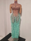 Sexy Sleeveless Mesh Ruffled See Through Long Dress Sparkly Rhinestone Eveing Birthday Party Nightclub Bar Singer Stage Costume