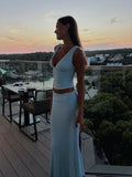 Chic Light Blue 2 Piece Outfit Women Deep V Neck Sleeveless Ruched Crop Top Low Waist Flowy Maxi Skirt Suit Party Matching Sets