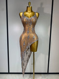 Sparkly Crystal Diamond Gold Sexy See-Through Sheath Dress Nightclub Performance Custome Stage Wear Birthday Evening Party Dress
