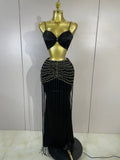 Women Festival Vacation Outfit Sexy Two Piece Skirt Set Black Nightclub Bar Party Hollow Out Ruched Crop Top Maxi Long Skirt Set