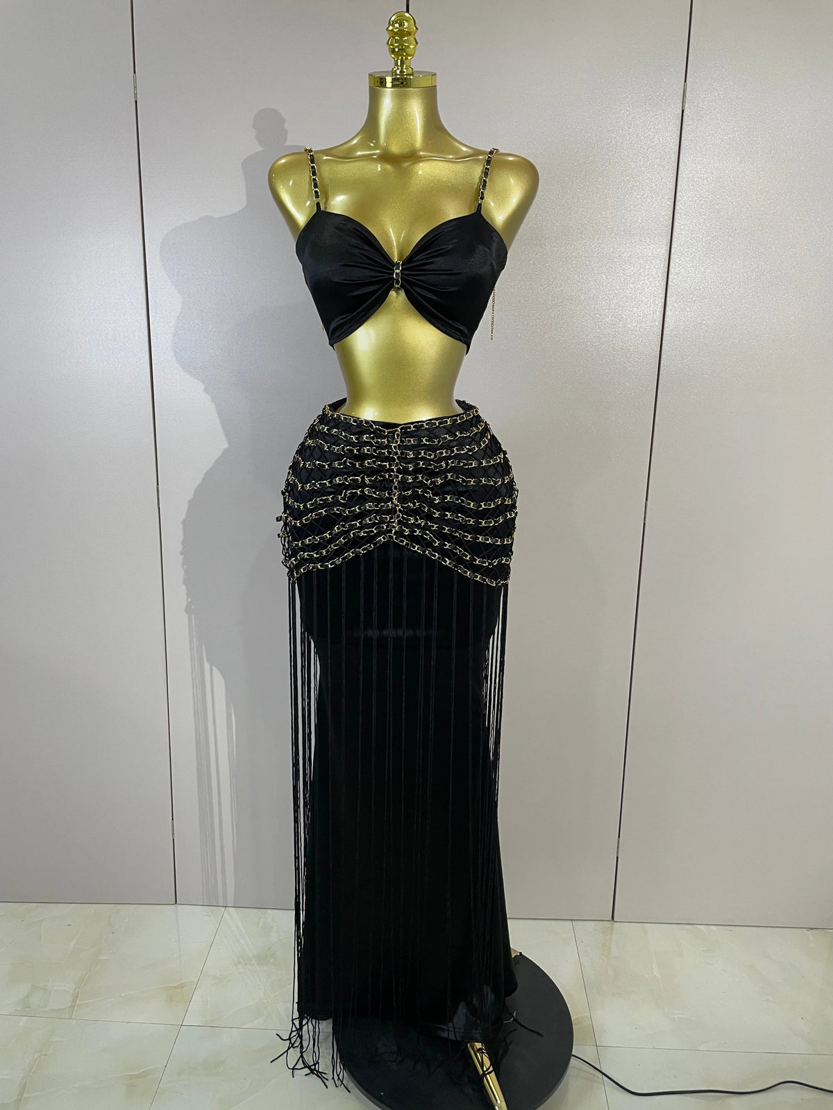 Women Festival Vacation Outfit Sexy Two Piece Skirt Set Black Nightclub Bar Party Hollow Out Ruched Crop Top Maxi Long Skirt Set