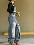 Women Baggy Jeans Overalls Wide Leg Irregular Wrap Washed Streetwear Chic Pocket Casual Autumn