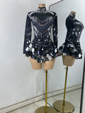 Flashing Rhinestones Mirrors Long Sleeve Dress Performance Singer Dancer Costume Bar Nightclub Party Stage Wear Birthday Vestido
