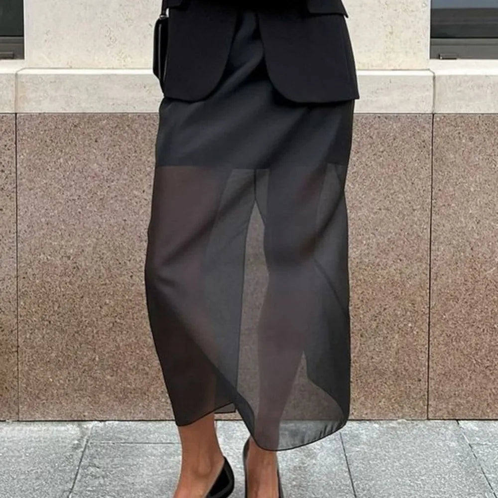 Solid Mesh Skirts for Women High Waist Temperament Minimgalist Skirt Female Fashion Style New