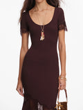 Romantic Dates Brown Ribbed Knit Mermaid Dresses for Women U Neck Short Sleeve Lace Trimmed Midi Skirt for Office Commute