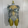 Sexy Sparkly Silver Rhinestones Sequins Mesh Stretch Bodysuit Eveing Birthday Party Nightclub Bar Singer Dancer DJ Stage Costume