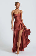 Sexy Satin Long Dress Luxury Ruffles Backless Bandage Evening Dresses Red Burgundy Blue Wedding Guest Cocktail Party Summer New