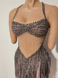 Singer Stage Nightclub Outfit Sexy Chic Gray Pink Glittering Beaded Fringed Halter Dress Performance Costume Dance Party