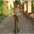 Elegant Green Skirt Set For Women Chic Fishbone Sleeveless Backless Lace Up Vest Satin Long Skirt Lady Evening Party Outfit