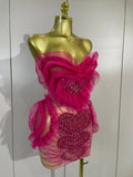 Sexy Strapless Mesh See-Through Mini Dress Women Eveing Party Sparkly Rhinestone Birthday Singer DJ Nightclub Bar Stage Costume