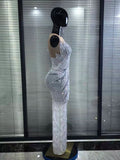Sexy Mesh See Through Evening Prom Birthday Photo Shoot Singer Stage Outfit Luxury Rhinestone Sleeveless Silver Long Dress