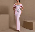 Shiny Rhinestones Pleat Pink Off The Shoulder Bodycon Long Bandage Dress Celebrate Evening Party Luxury Birthday Wedding Dress