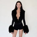 Women 2026 Fall Deep V Neck Furry Cuff Long Sleeve Short Jumpsuit Slim Fit Romper Shorts For Nightclub Date Evening Party Wear
